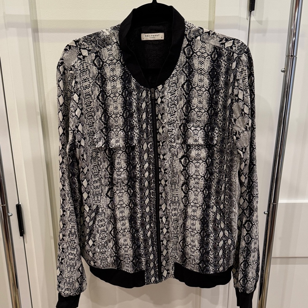 Equipment Black and White Snake Print Silk Bomber Jacket
